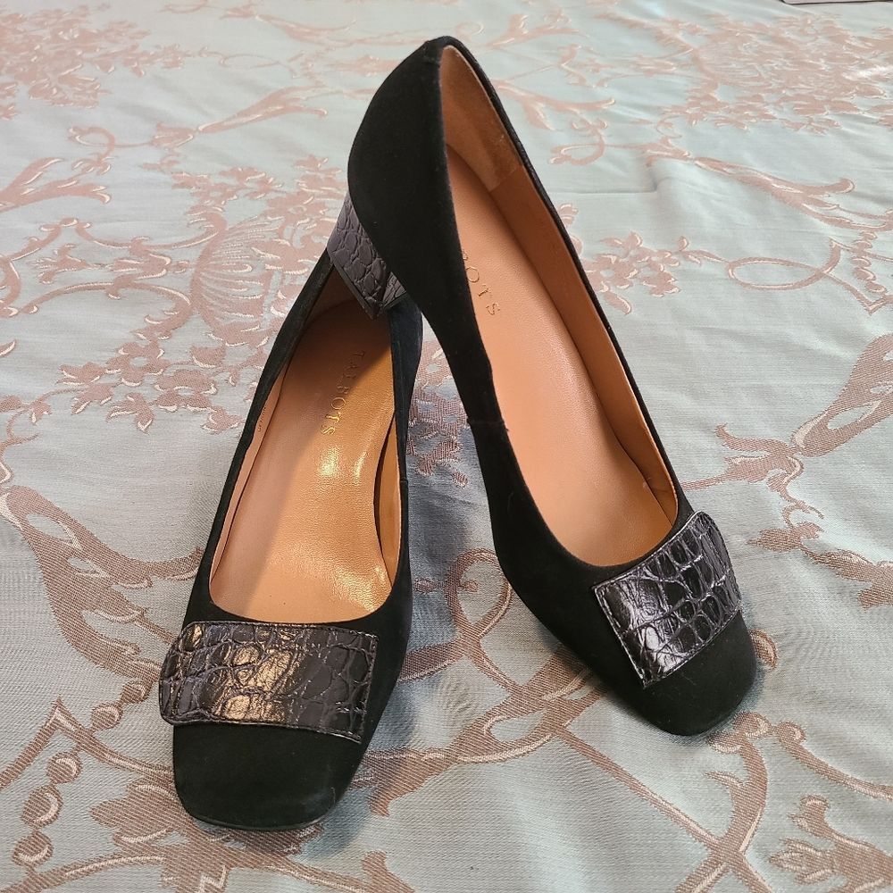 Talbots Bryn Black Genuine Leather Suede and Croc Embossed Heels Women Size 6.5
